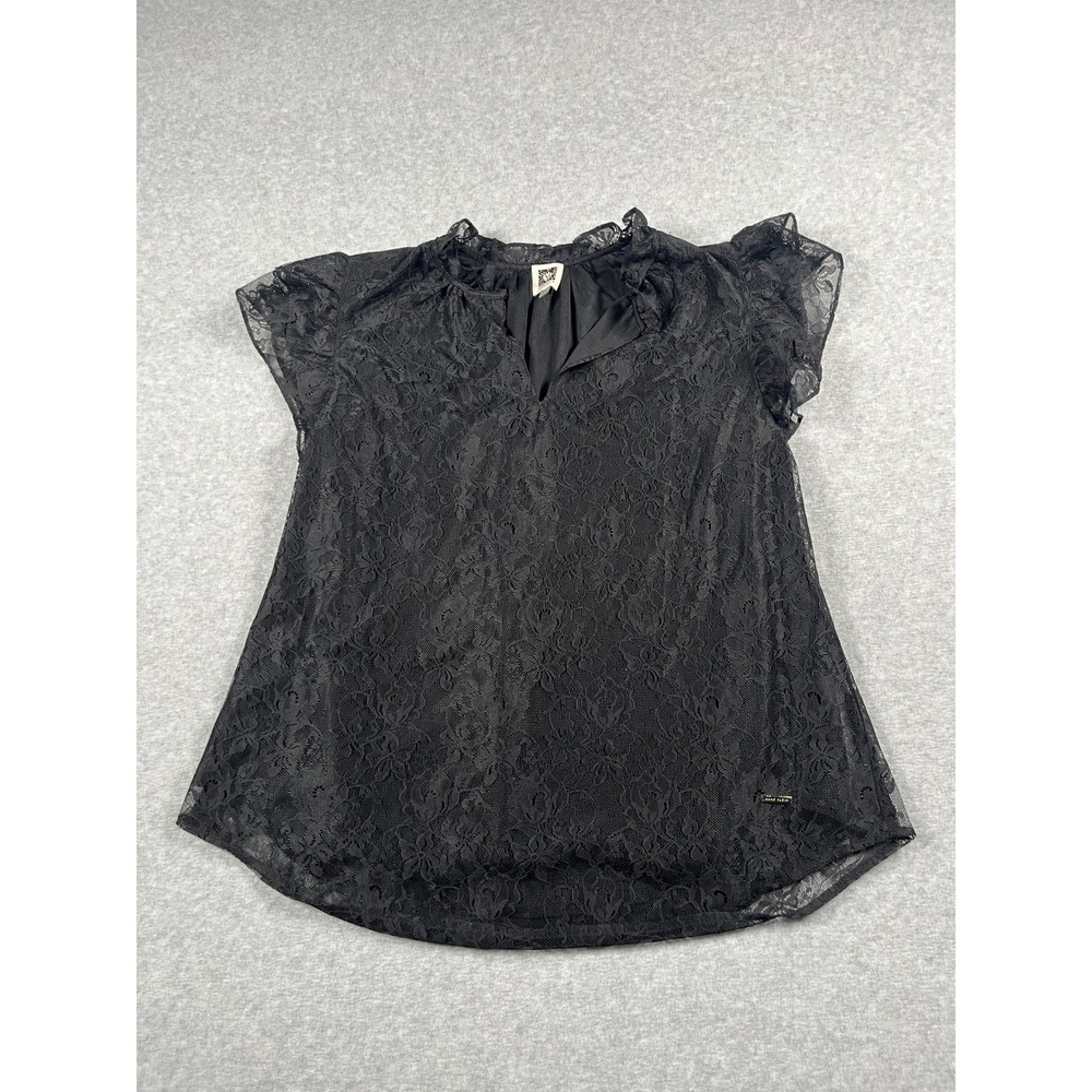 Anne Klein Blouse Womens L Black Lace Flutter Sleeve Goth Dark Fairy Grunge